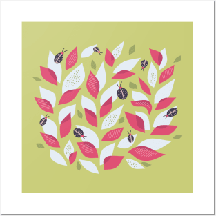 Pretty Plant With White Pink Leaves And Ladybugs Posters and Art